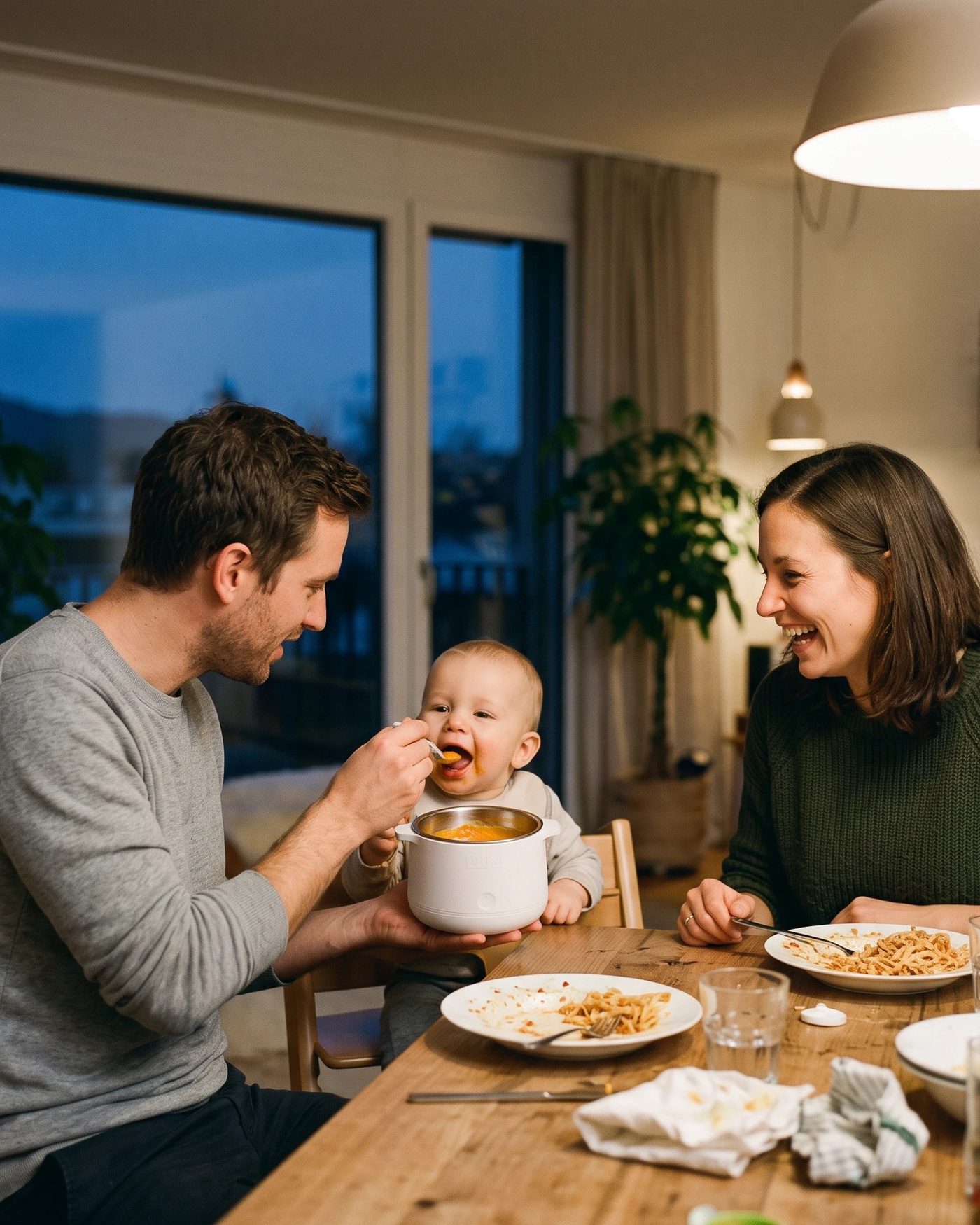 Famille à table avec le chauffe-repas LIINI